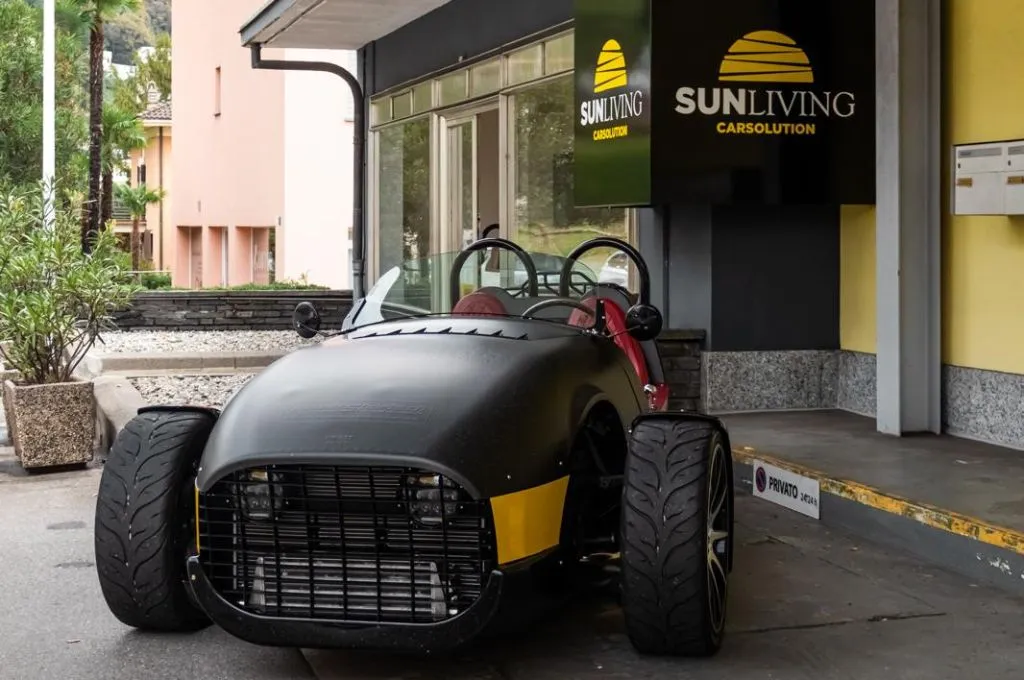 Black Vanderhall roadster outside the Roadster4rent premises