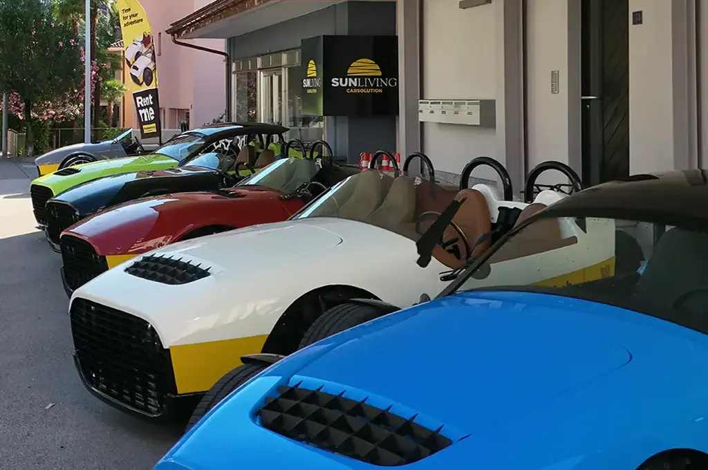 Vanderhall roadsters lined up outside the Roadster4rent premises